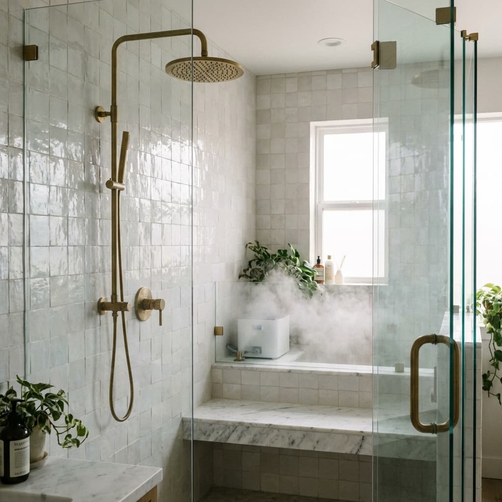 Handmade pearlescent Zellige tile shower with rainfall head and unlacquered brass
