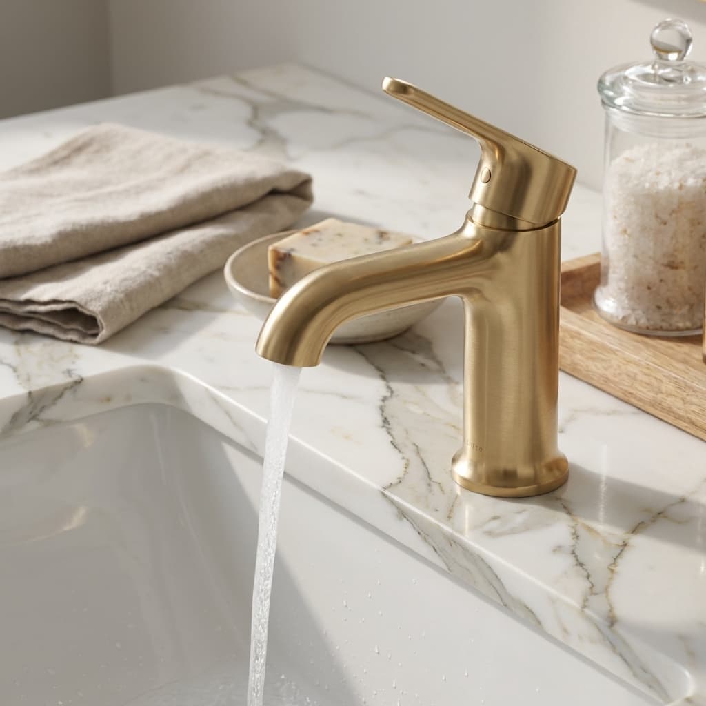 Macro detail of brushed gold faucet on Calacatta Gold marble vanity