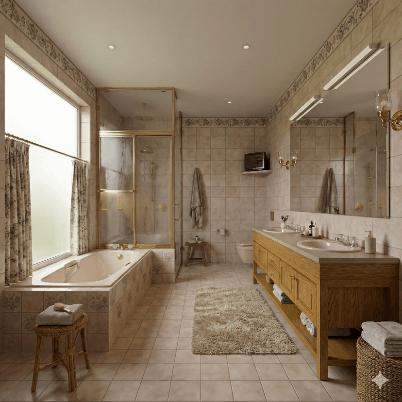 Before: Dated 1990s bathroom with pink tile and brass fixtures in Jersey City penthouse