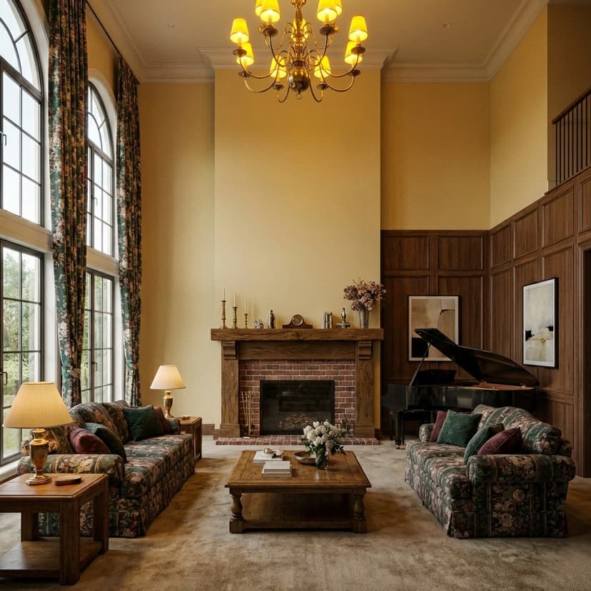 AI-generated design illustration: Dated red brick fireplace with bulky oak mantel in Montclair Colonial