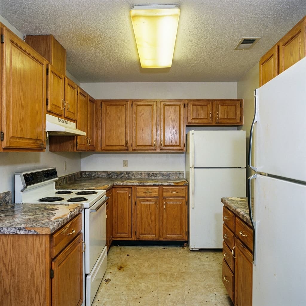Outdated oak kitchen with worn counters before renovation.