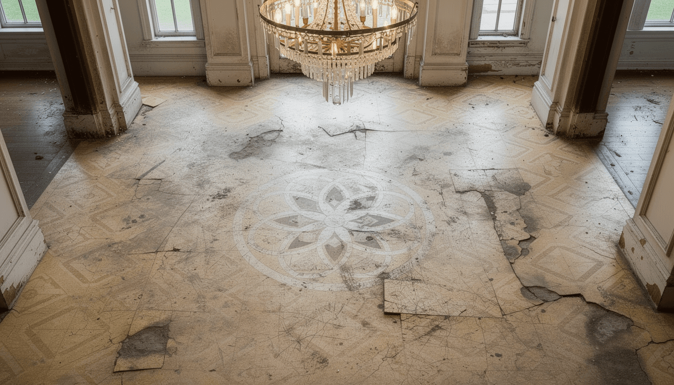 Dilapidated foyer with damaged medallion floor and ornate chandelier before renovation.