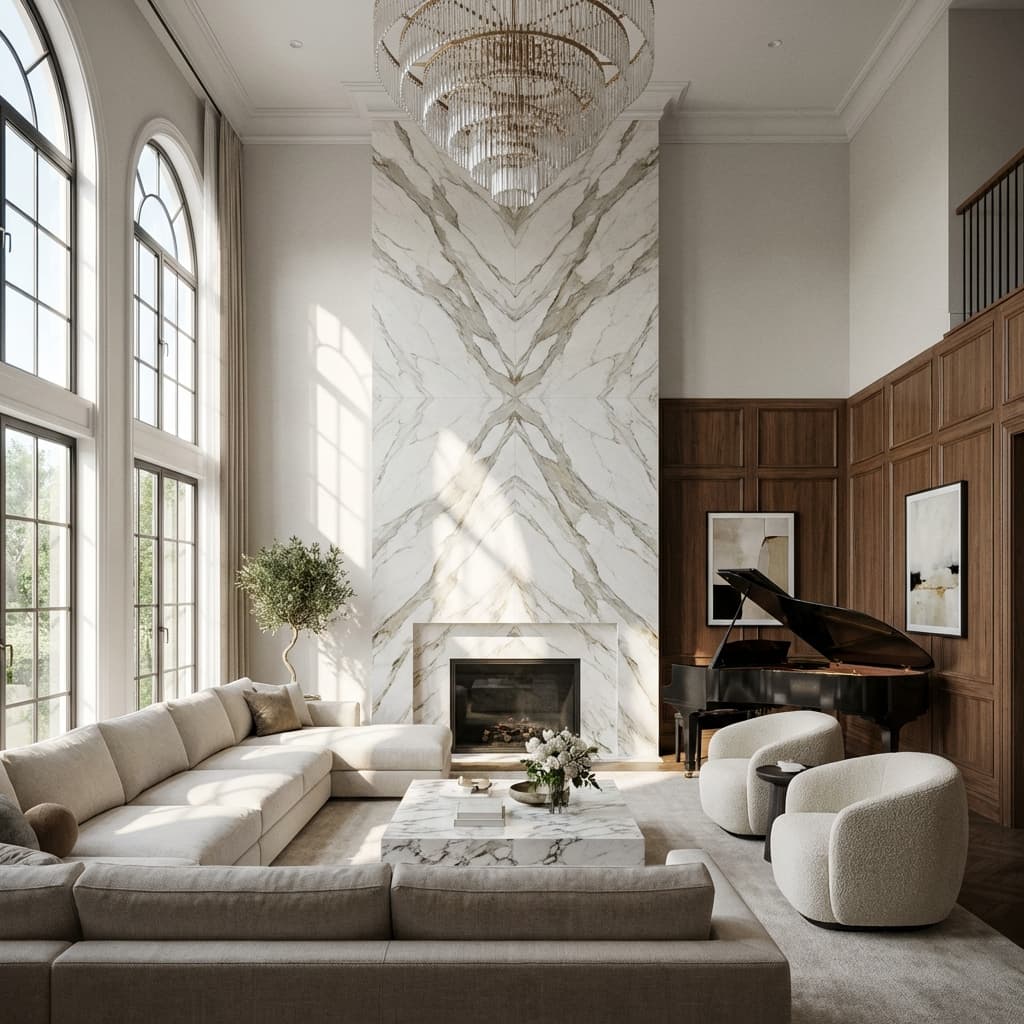 Floor-to-ceiling bookmatched marble fireplace in luxury living room
