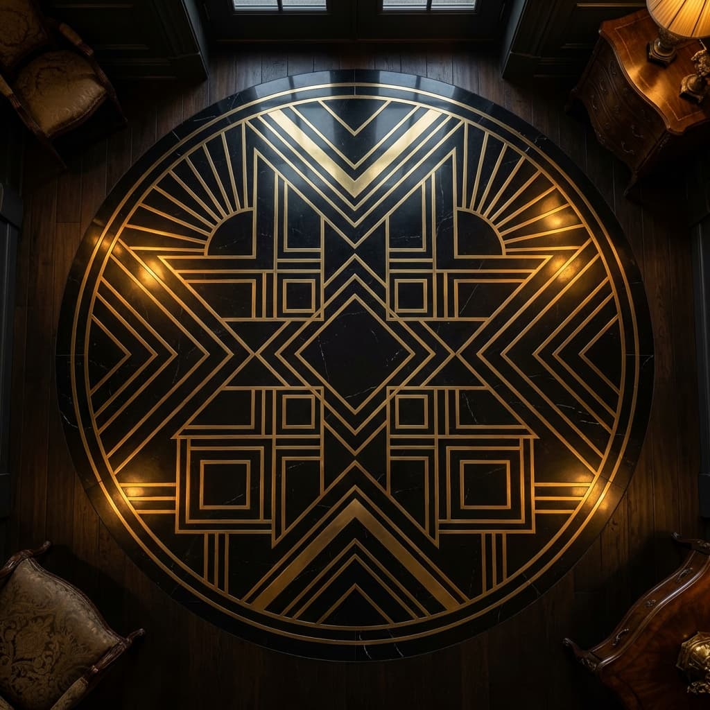 Dramatic Art Deco black Nero Marquina marble floor medallion with gold inlay
