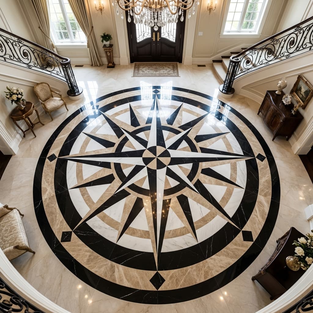 After: Stunning 12-foot marble medallion with compass rose pattern and brass inlay