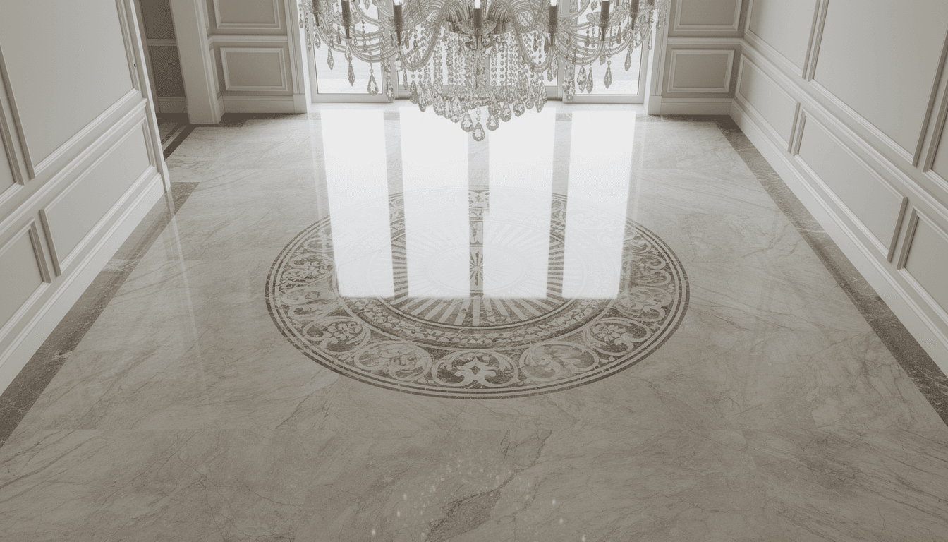 Custom marble floor medallion design in entryway