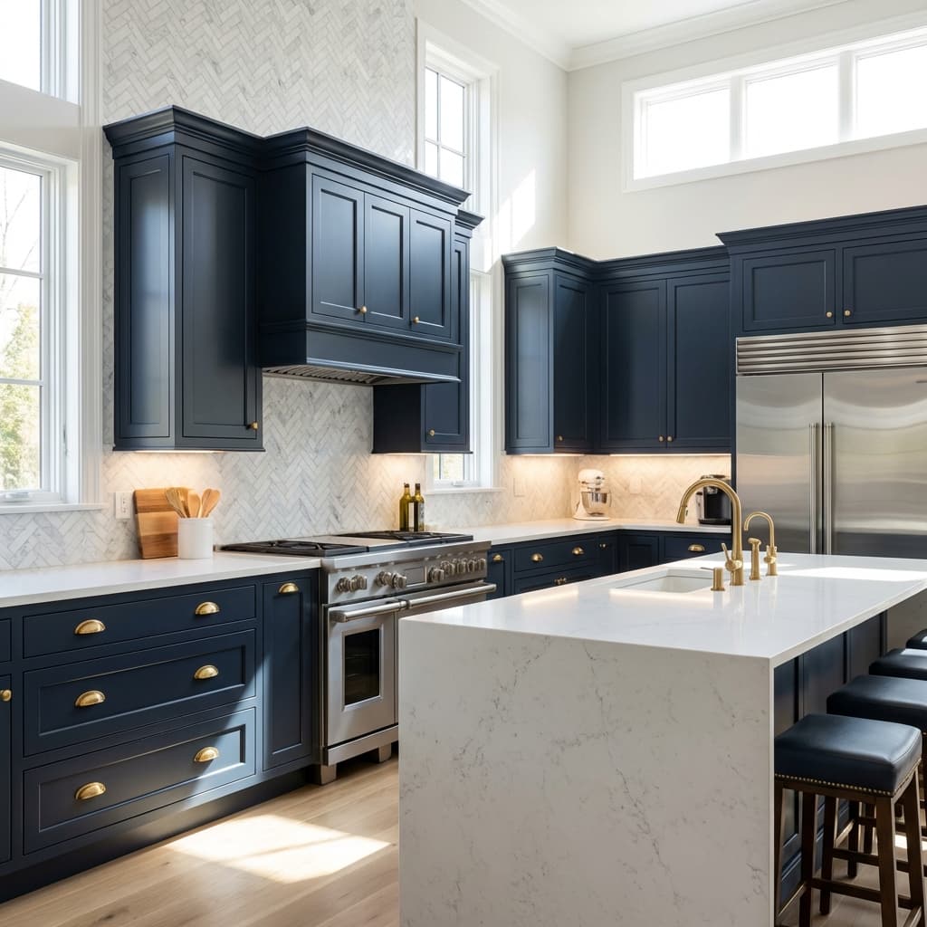Luxury kitchen with herringbone marble backsplash and navy cabinets