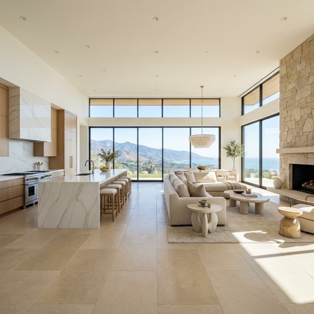 Expansive open concept luxury home with limestone flooring and white quartzite kitchen