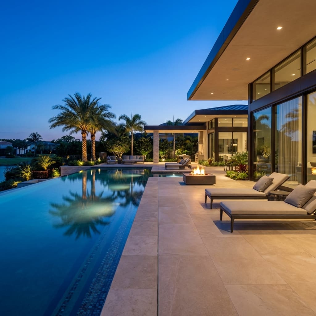 Luxury infinity pool with limestone coping and porcelain pavers at twilight