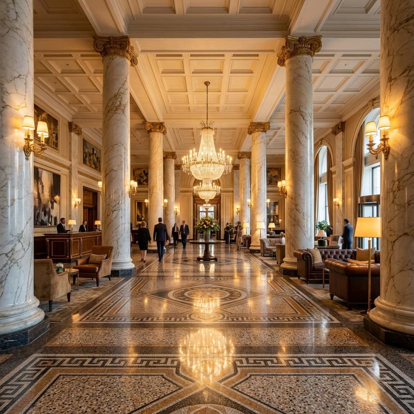 Commercial restaurant interior with custom geometric encaustic tile floors