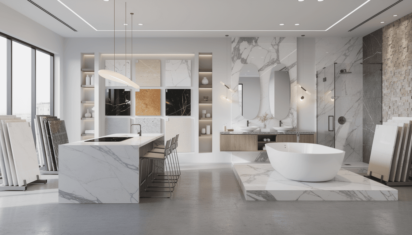 High-end tile showroom display with premium samples