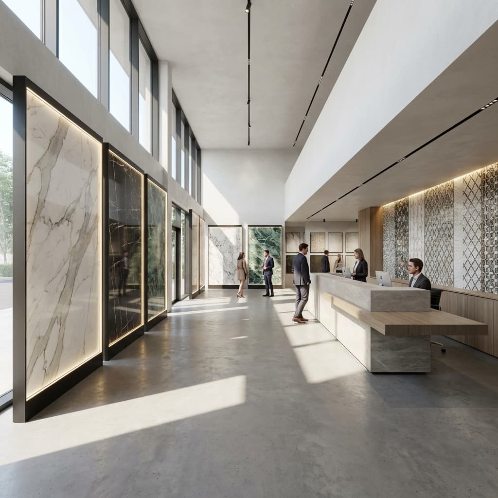 Tile and stone showroom lobby with slab displays