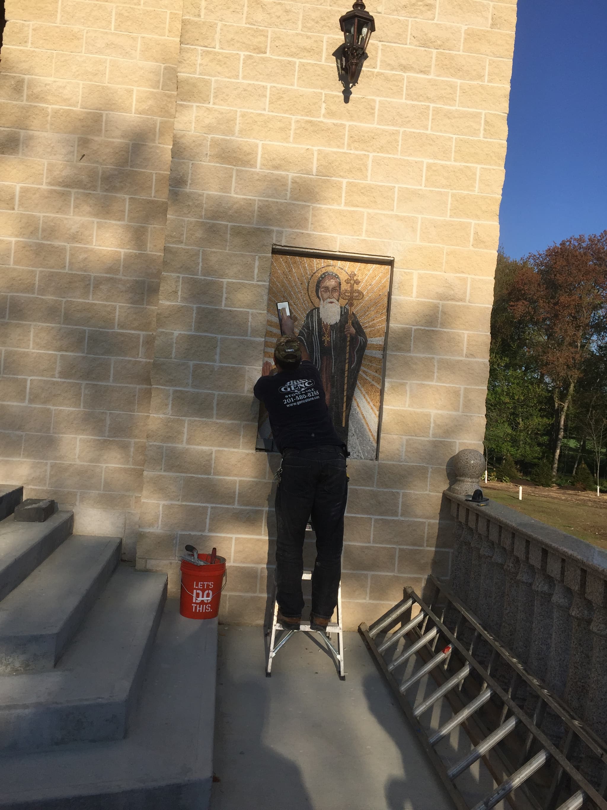 Church mosaic tile exterior installation